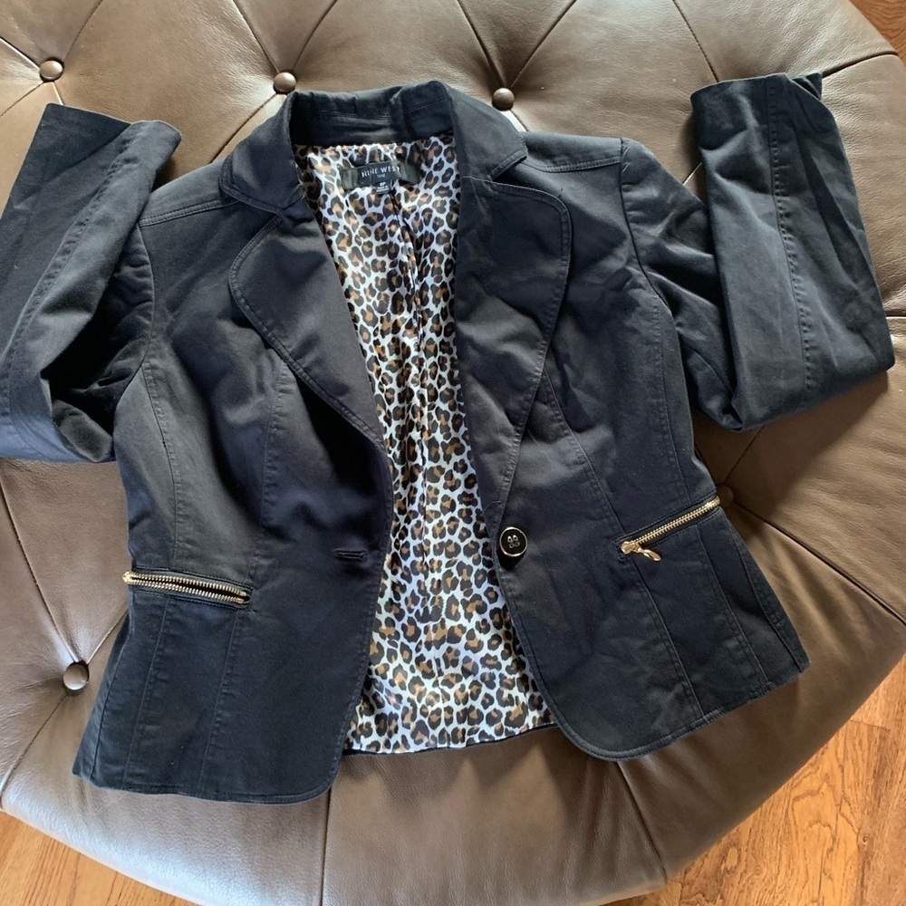 𝅺Nine West Tailor Black Jacket Animal‎ Print Apparel